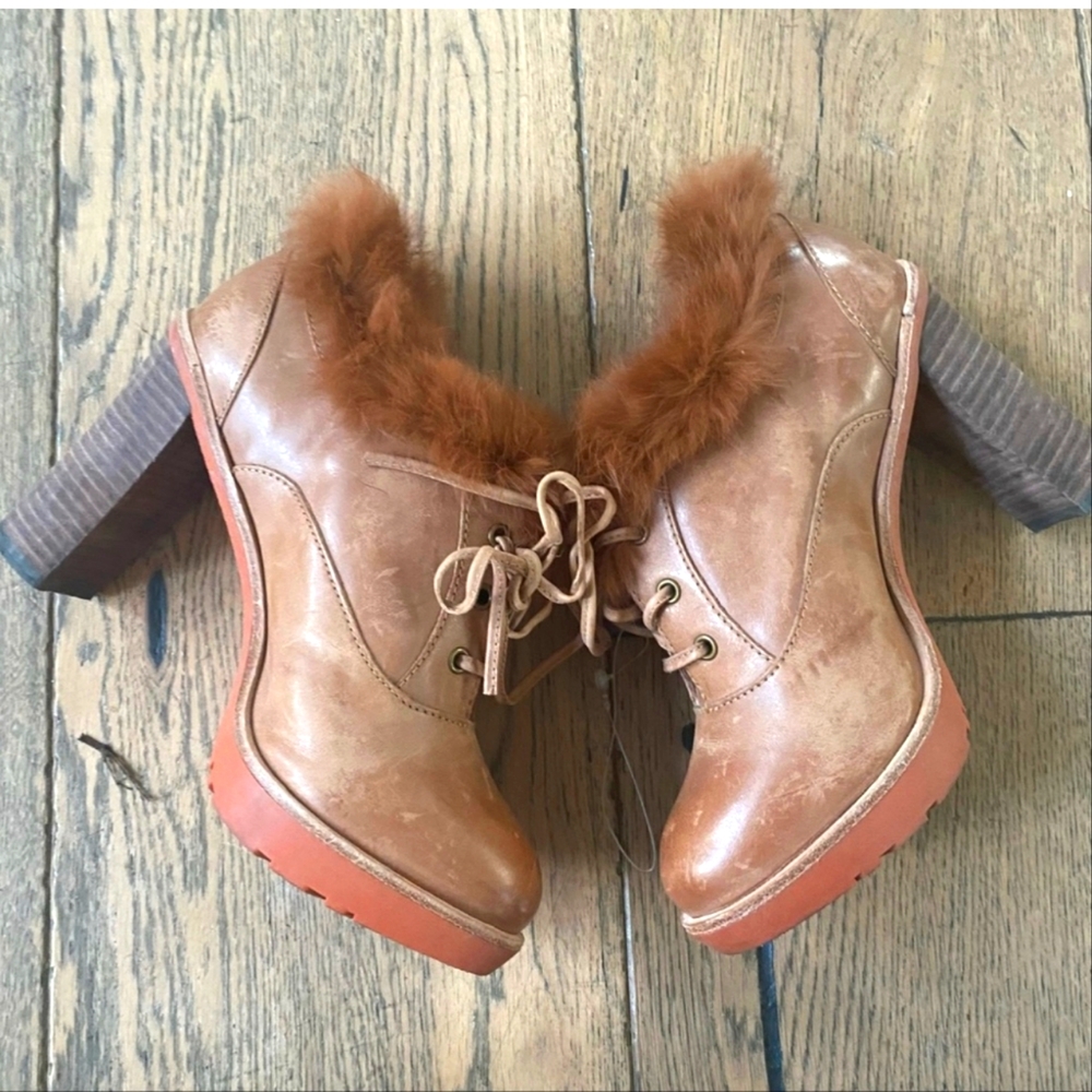 Pretty Brown Tan Boot Small Pink Cuff Booties Shoes EU 35 🤎🩷